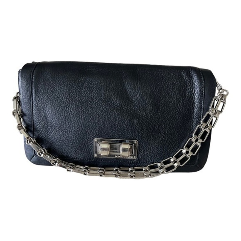 BCBG Maxazria Black Leather Flap Over Chain Strap Turn Lock Shoulder Bag